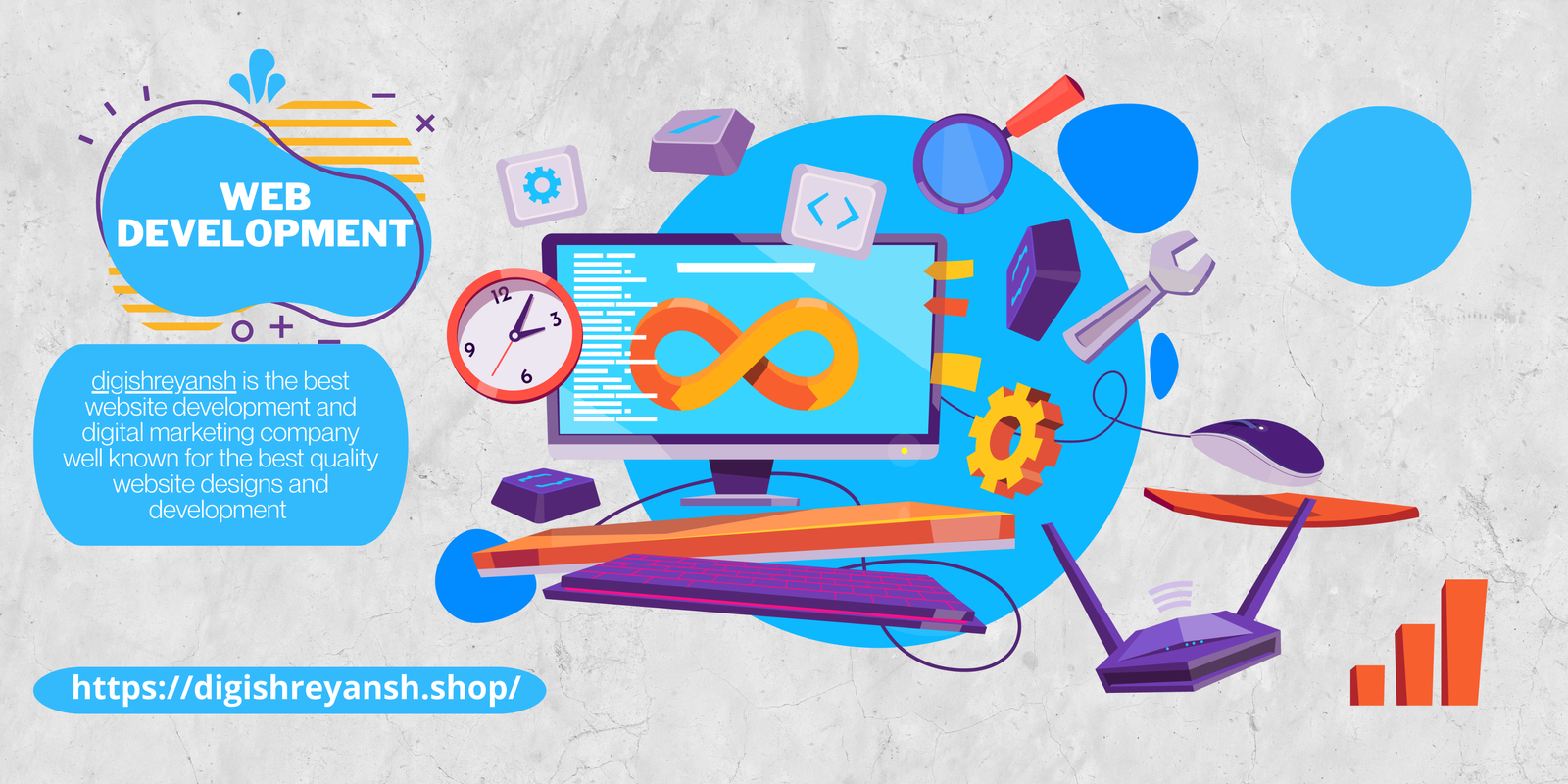 Blue Purple Orange Cartoon Playful Web Software Development Announcement Banner
